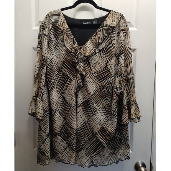 Maggie Barnes Womens Plus Size 4X (30/32) Brown Geo Abstract Lined V-Neck Blouse - Picture 1 of 6